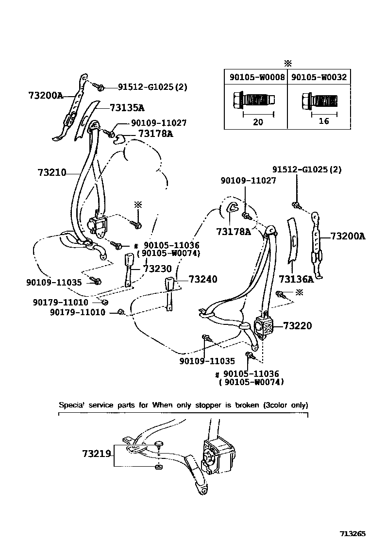 Toyota COROLLA 安全带和儿童保护座椅 EPC diagram — 713265