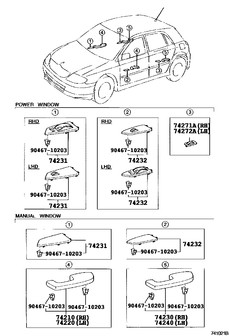 Toyota COROLLA 扶手和遮阳板 EPC diagram — 741021B