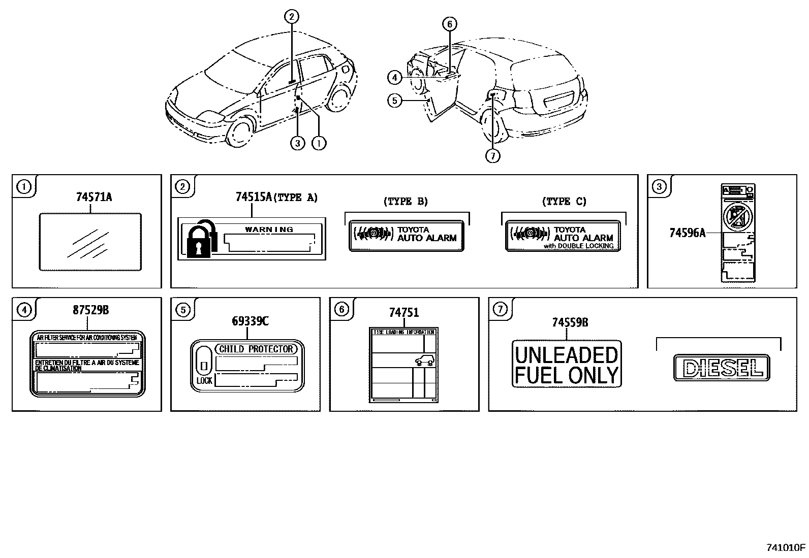 Toyota COROLLA 警示铭牌(车外和车内) EPC diagram — 741010F
