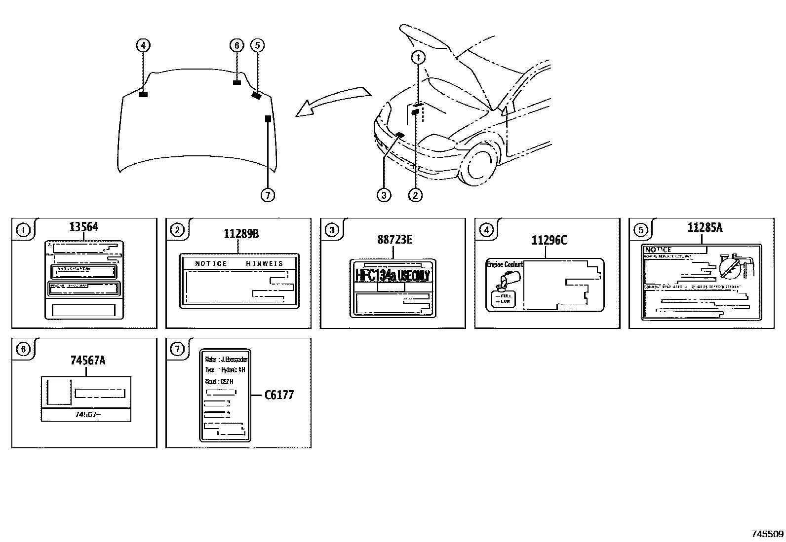 Toyota COROLLA 警示铭牌(车外和车内) EPC diagram — 745509