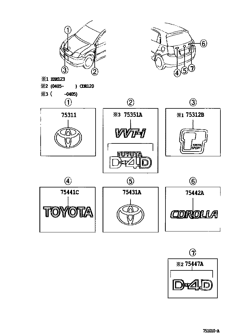 Toyota COROLLA 丰田徽标和铭牌(车外和车内) EPC diagram — 751010A