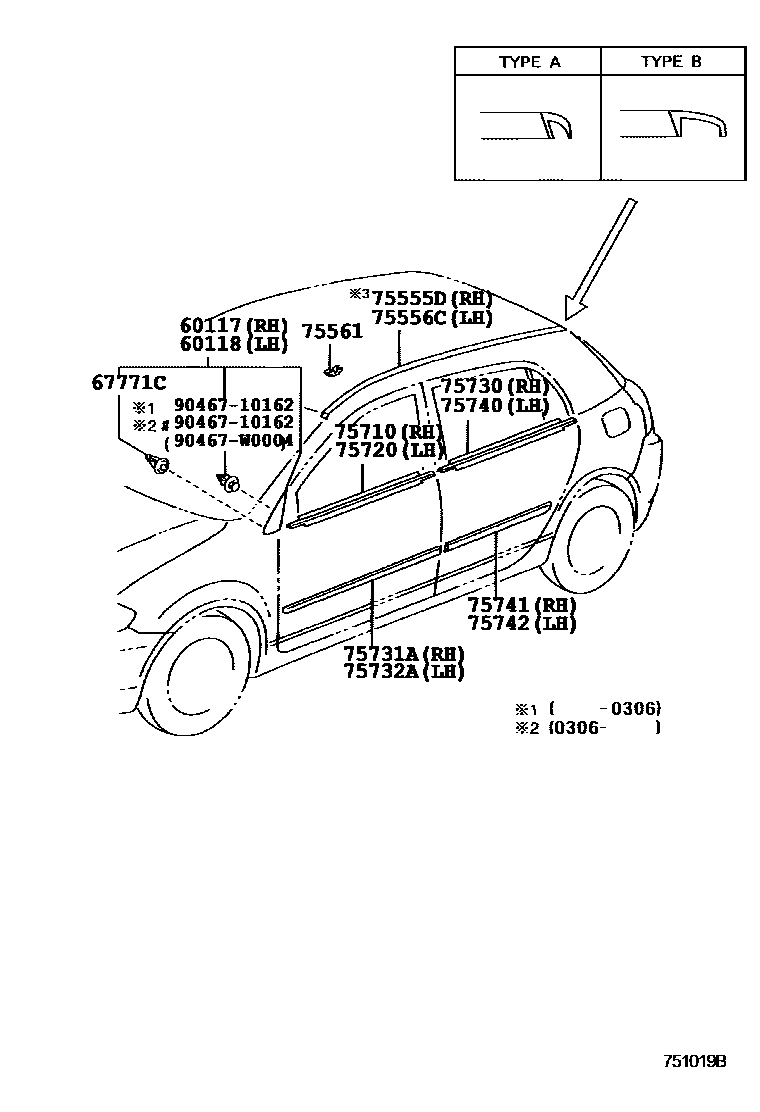 Toyota COROLLA 侧防护条 EPC diagram — 751019B