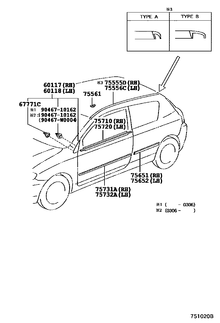Toyota COROLLA 侧防护条 EPC diagram — 751020B