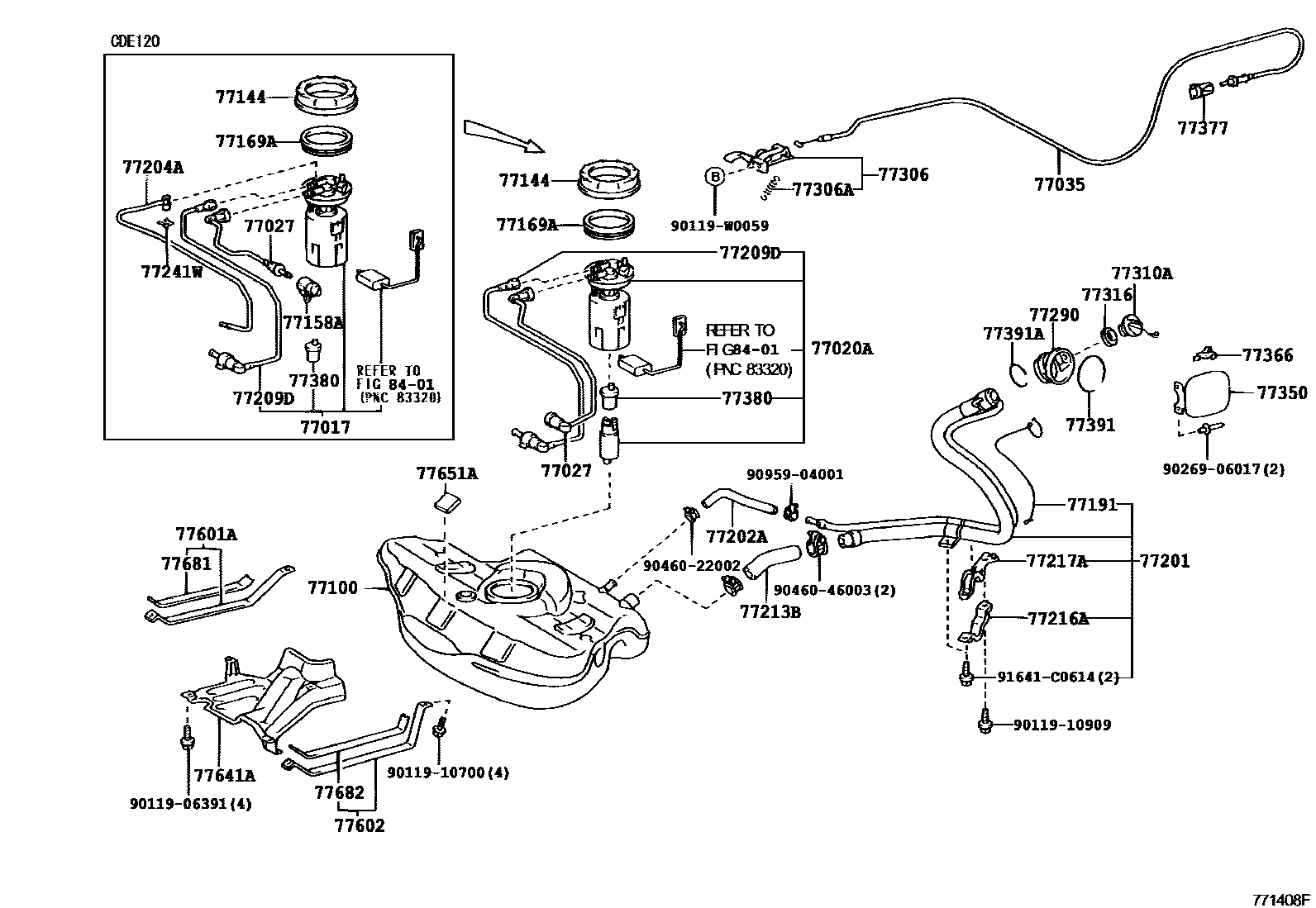 Toyota COROLLA 燃油箱和燃油管 EPC diagram — 771408F
