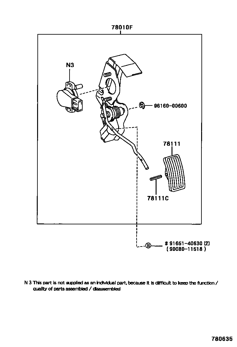 Toyota COROLLA accelerator pedal connecting rod EPC diagram — 780635