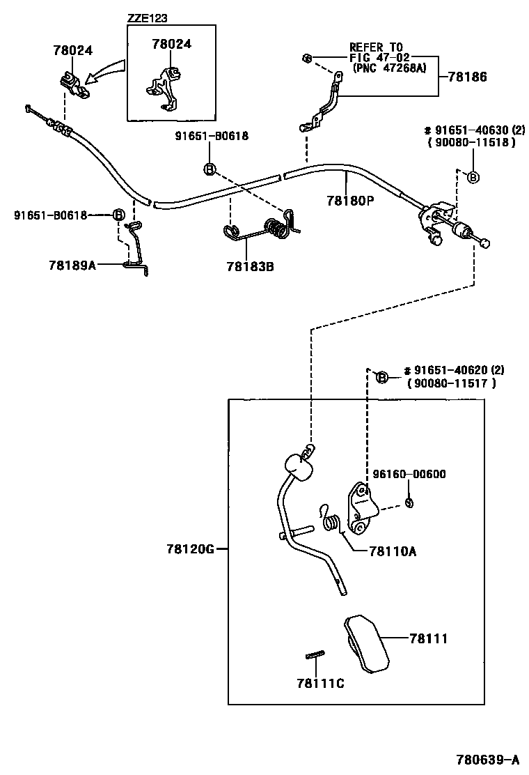 Toyota COROLLA accelerator pedal connecting rod EPC diagram — 780639A