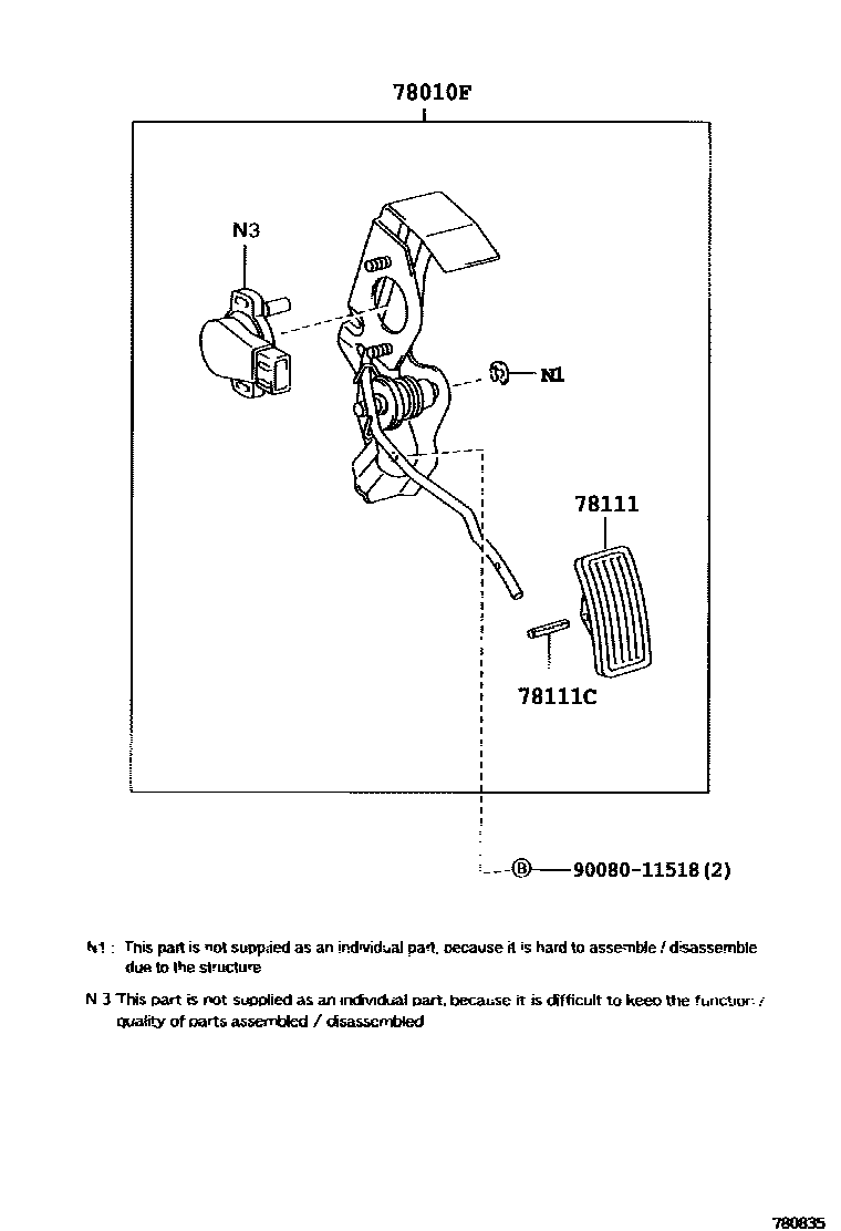 Toyota COROLLA accelerator pedal connecting rod EPC diagram — 780835