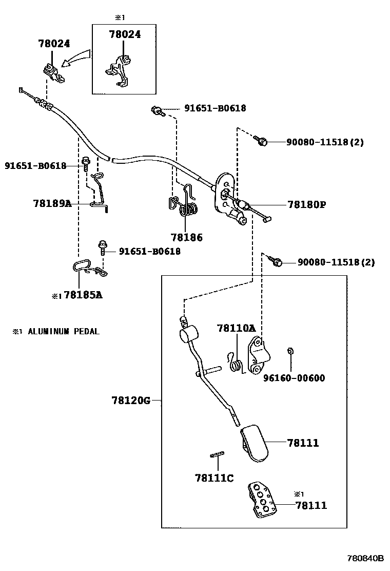Toyota COROLLA accelerator pedal connecting rod EPC diagram — 780840B