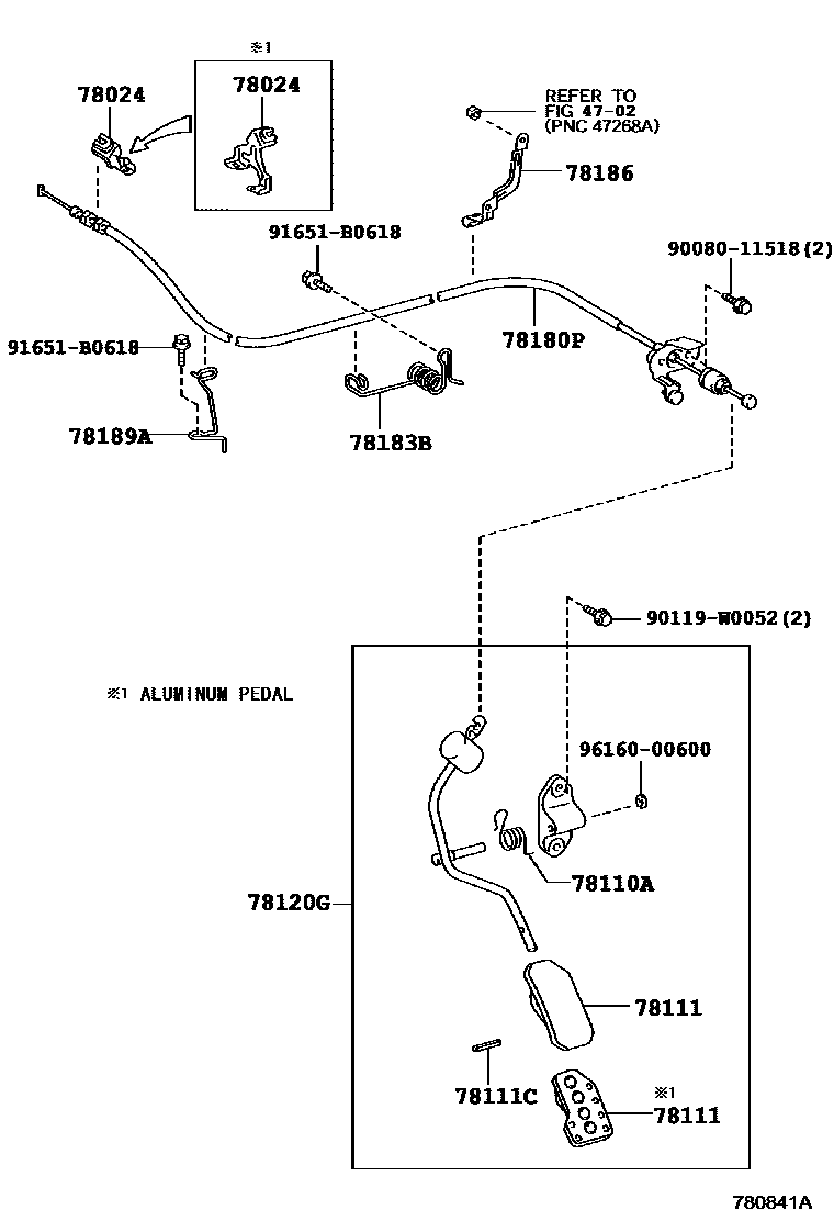 Toyota COROLLA accelerator pedal connecting rod EPC diagram — 780841A