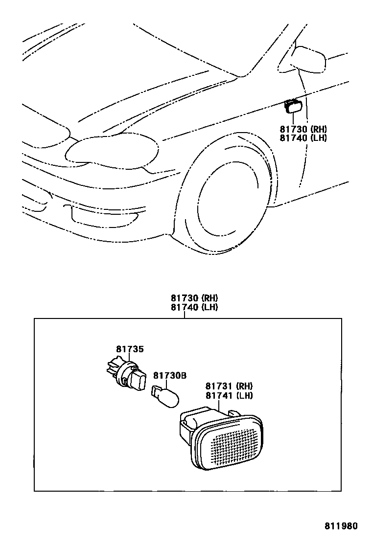 Toyota COROLLA Side Turn Signal & Outer Mirror Lamp EPC diagram — 811980
