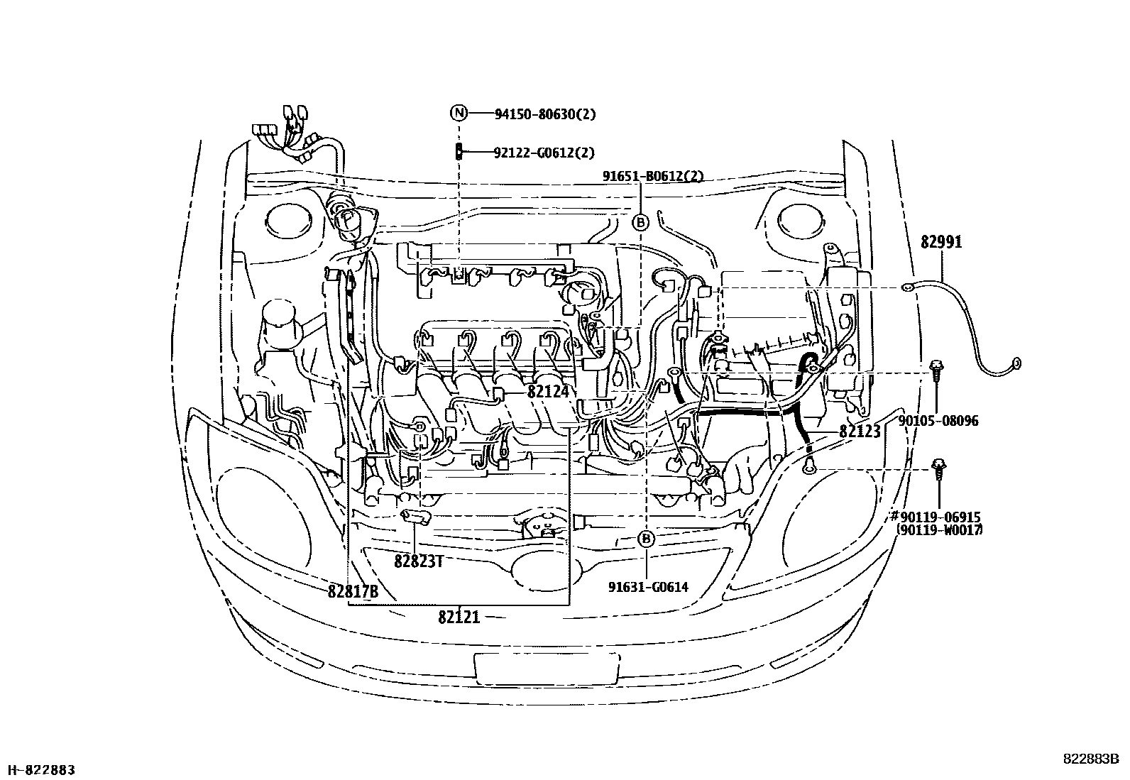 Toyota COROLLA 线束和卡夹 EPC diagram — 822883B