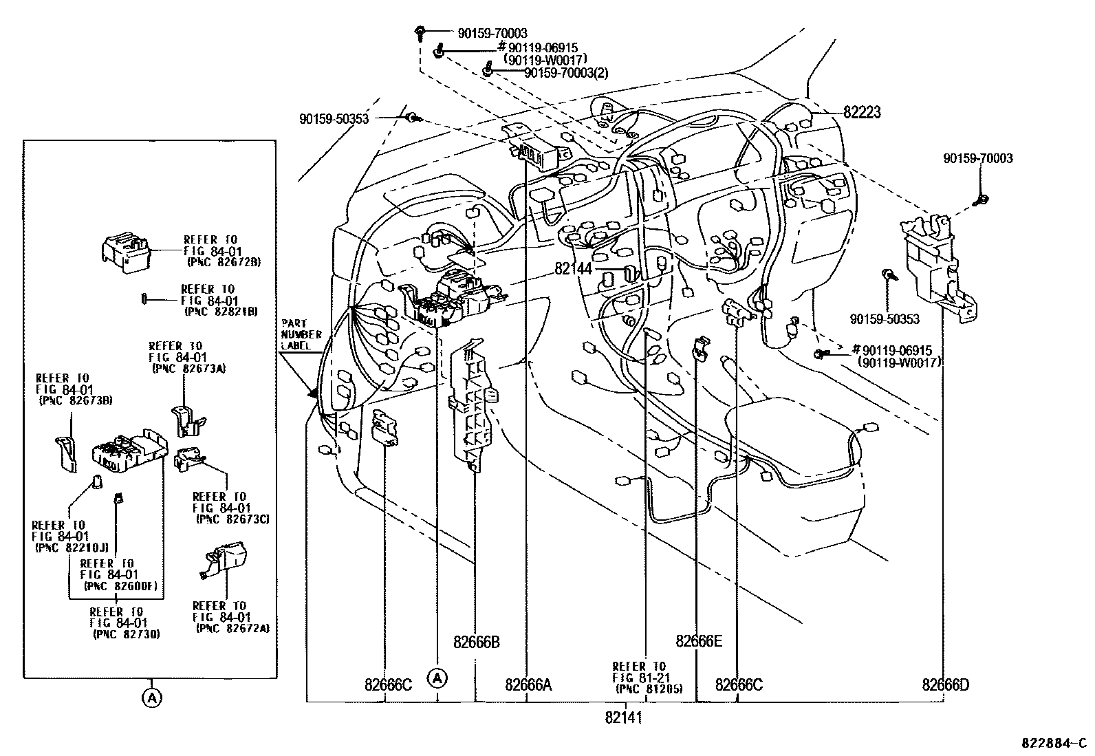 Toyota COROLLA 线束和卡夹 EPC diagram — 822884C