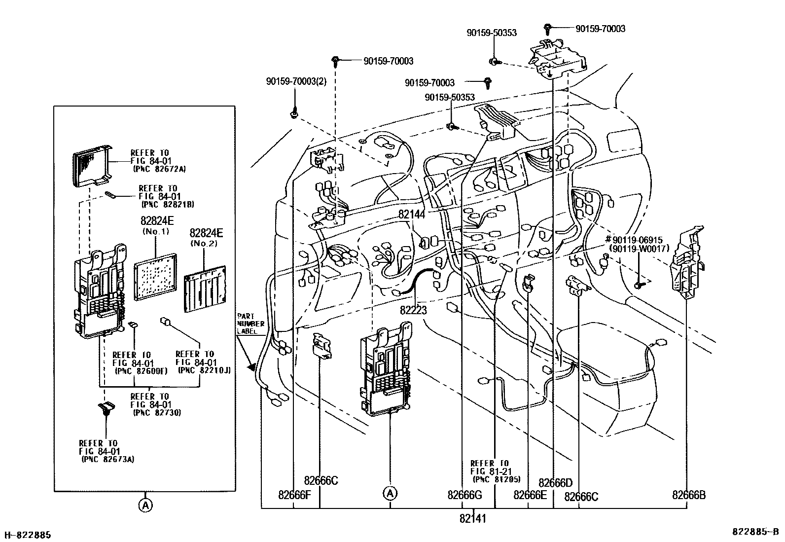 Toyota COROLLA 线束和卡夹 EPC diagram — 822885B