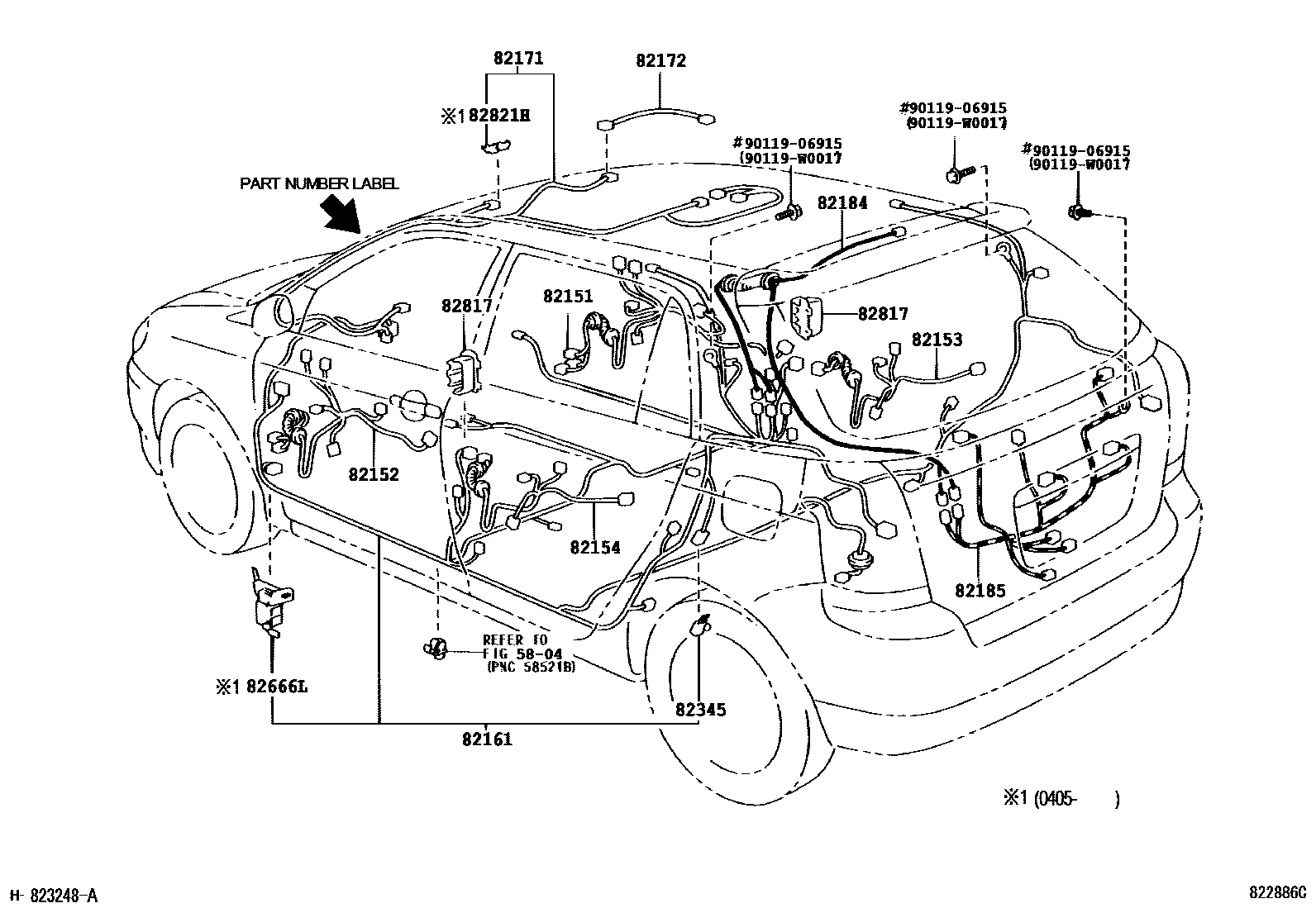 Toyota COROLLA 线束和卡夹 EPC diagram — 822886C