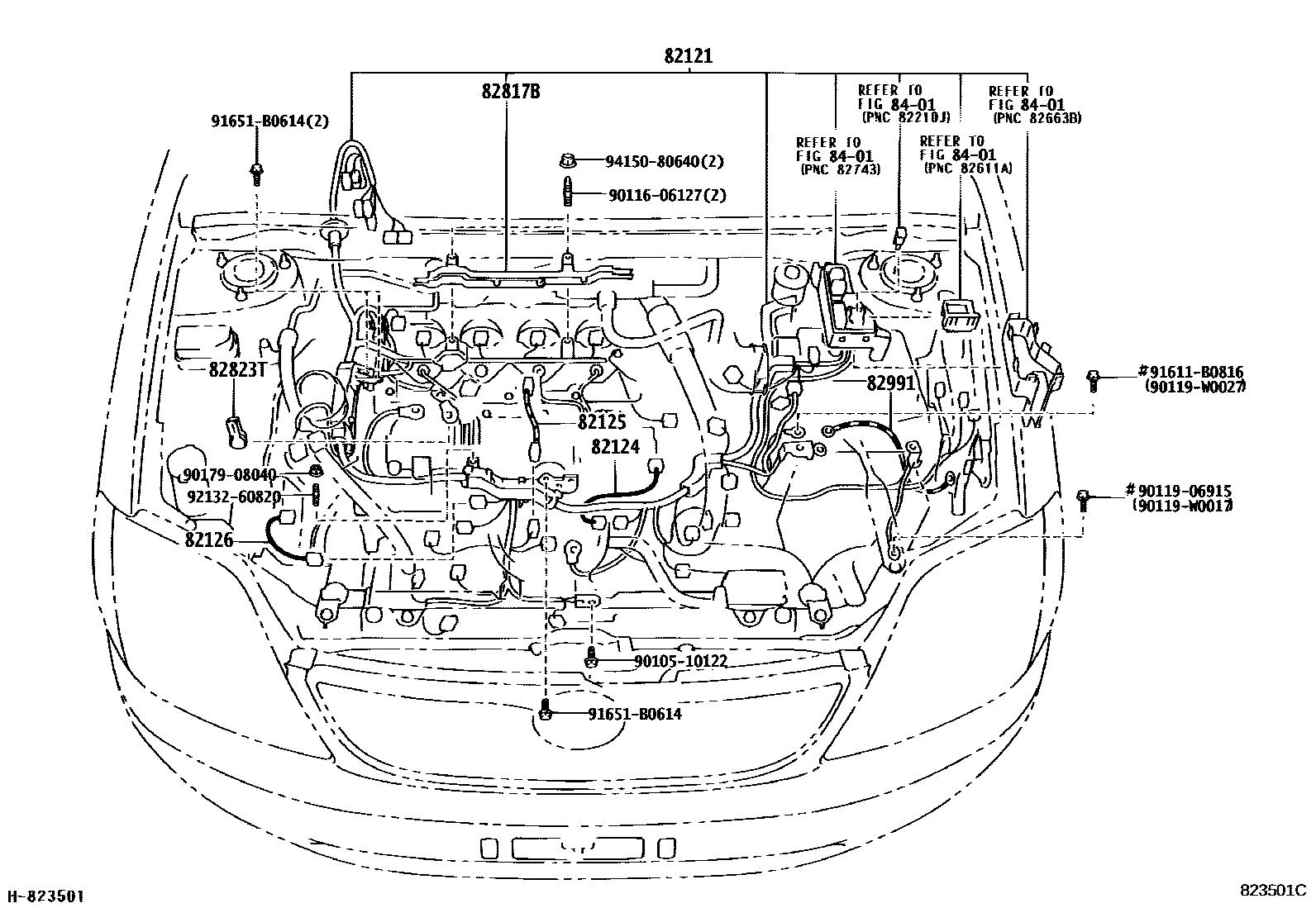 Toyota COROLLA 线束和卡夹 EPC diagram — 823501C