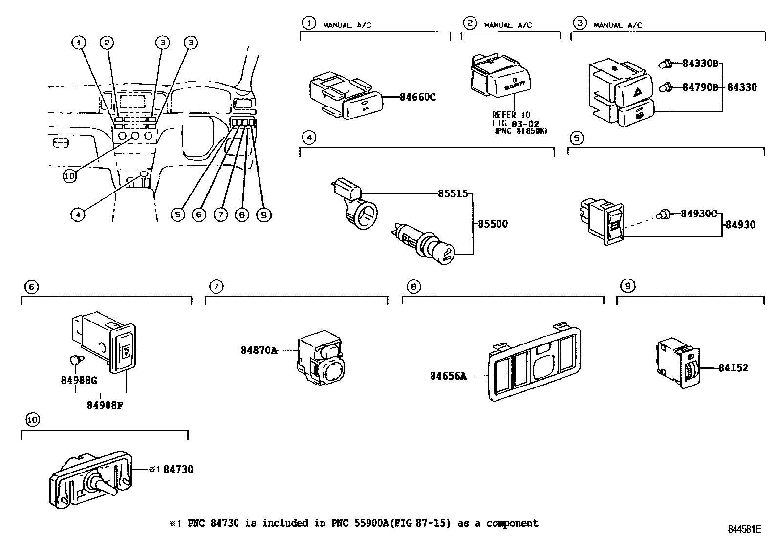 Toyota COROLLA 开关和继电器和ECU EPC diagram — 844581E