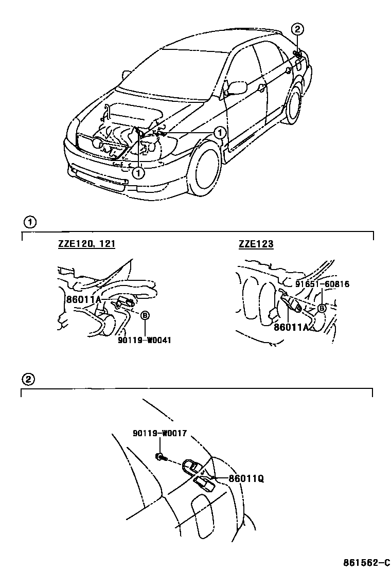 Toyota COROLLA 收音机、放大器和冷凝器 EPC diagram — 861562C