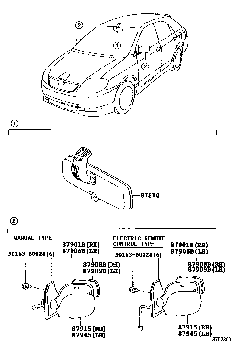 Toyota COROLLA 后视镜 EPC diagram — 875236D