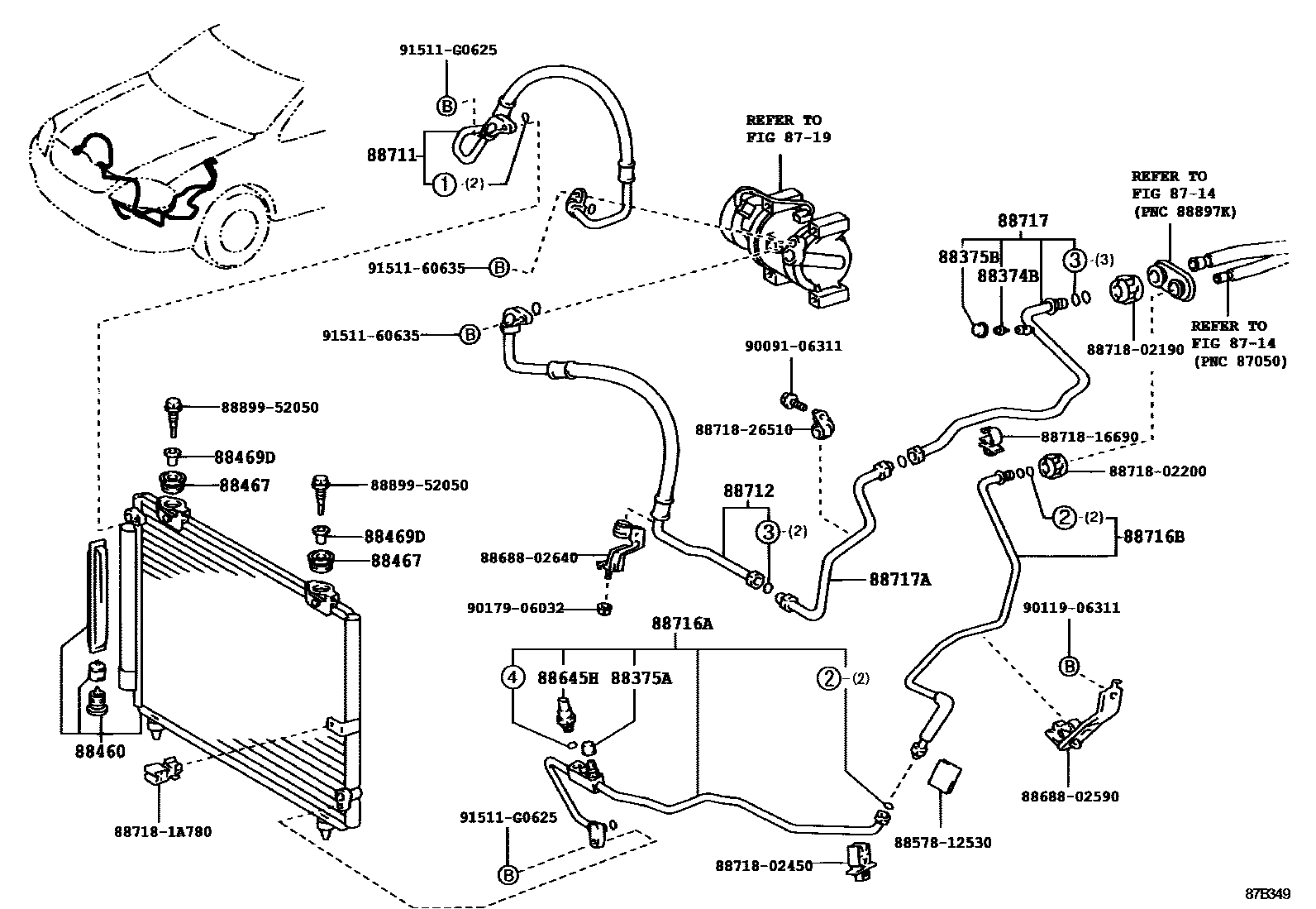 Toyota COROLLA Heating & Air Conditioning - Cooler Piping EPC diagram — 87B349