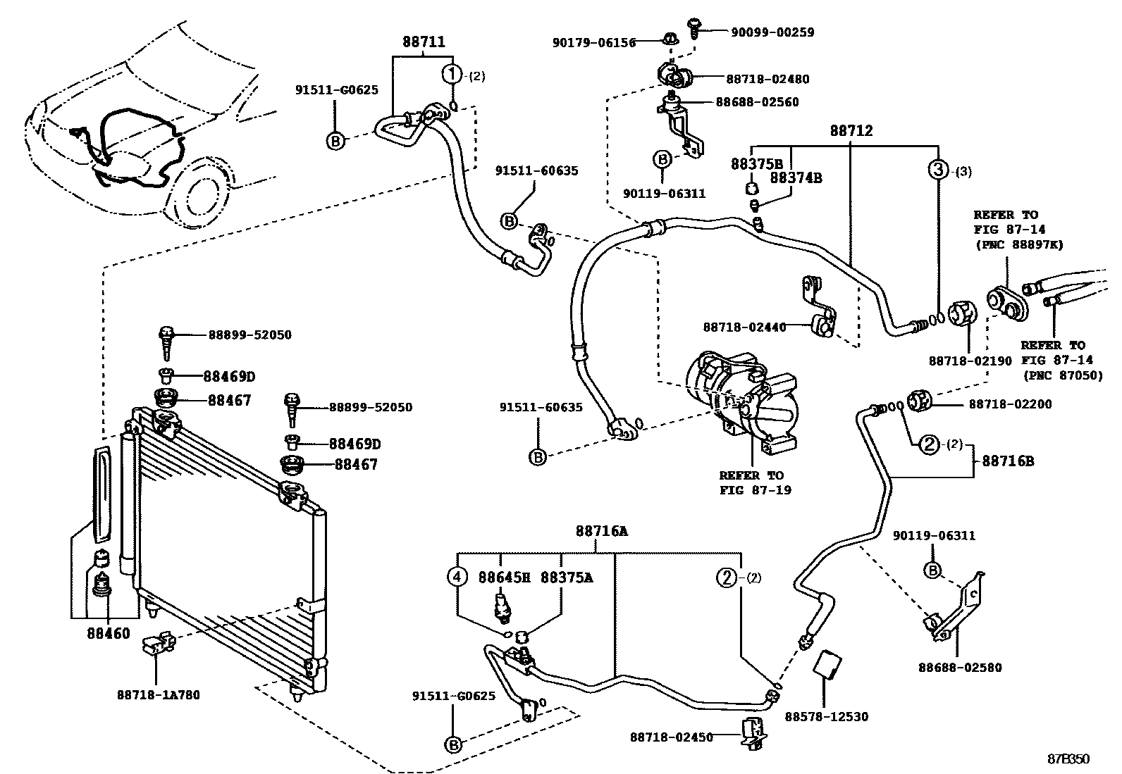 Toyota COROLLA Heating & Air Conditioning - Cooler Piping EPC diagram — 87B350