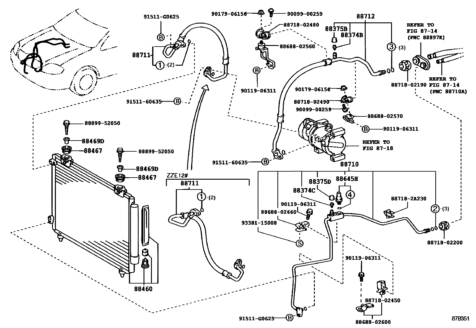 Toyota COROLLA Heating & Air Conditioning - Cooler Piping EPC diagram — 87B351