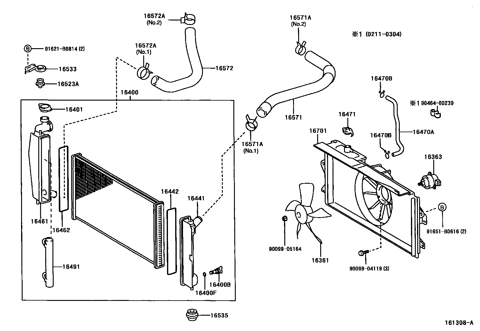 Toyota COROLLA RADIATOR & WATER OUTLET EPC diagram — 161308A