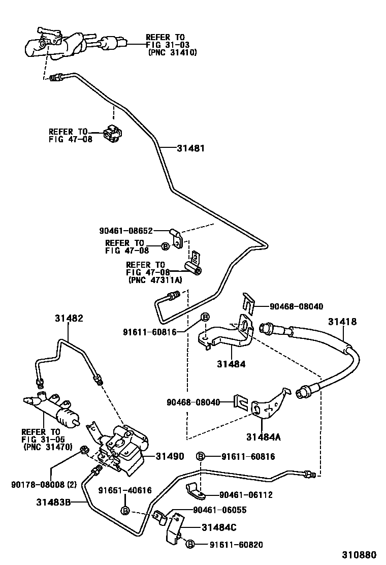Toyota COROLLA 离合器踏板和挠性软管 EPC diagram — 310880