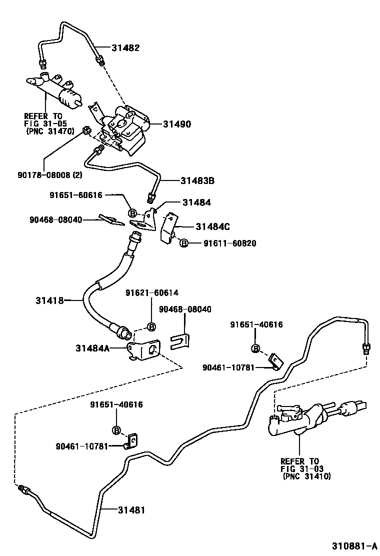 Toyota COROLLA 离合器踏板和挠性软管 EPC diagram — 310881A