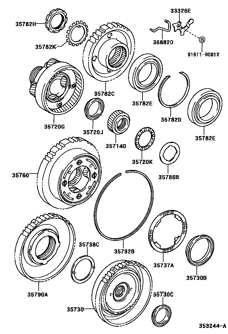 Toyota COROLLA 行星齿轮、倒档活塞和中间轴齿轮(ATM) EPC diagram — 353244A