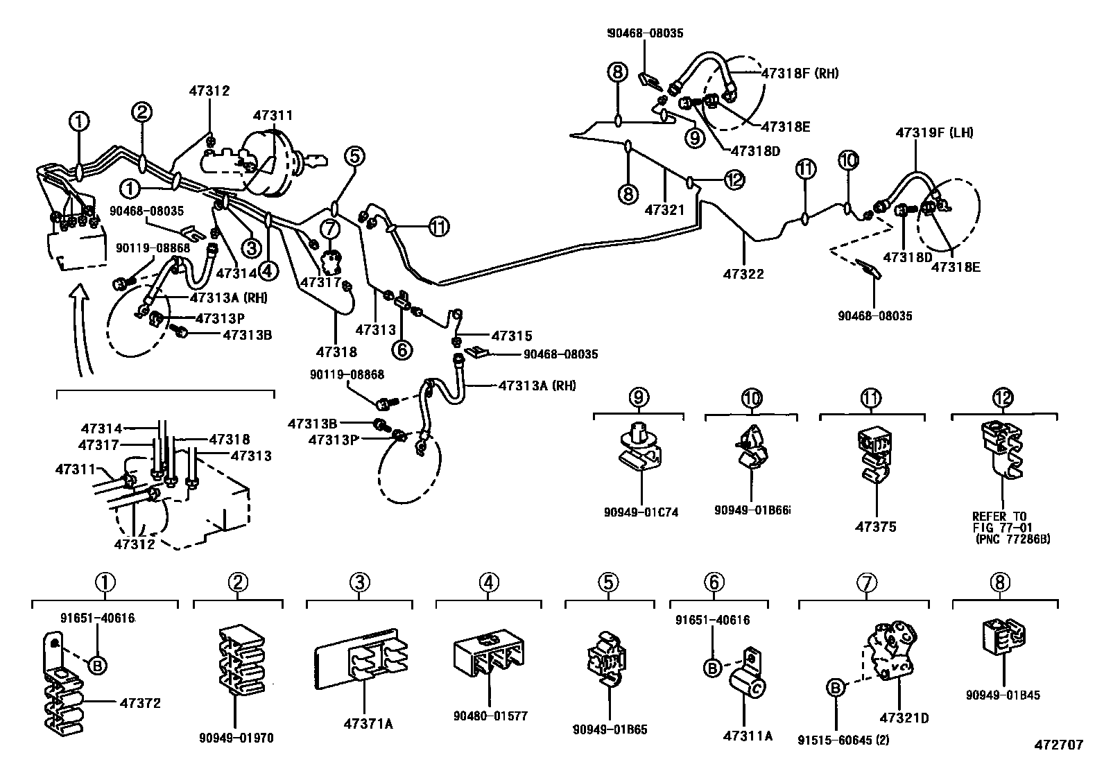 Toyota COROLLA 制动配管和卡箍 EPC diagram — 472707