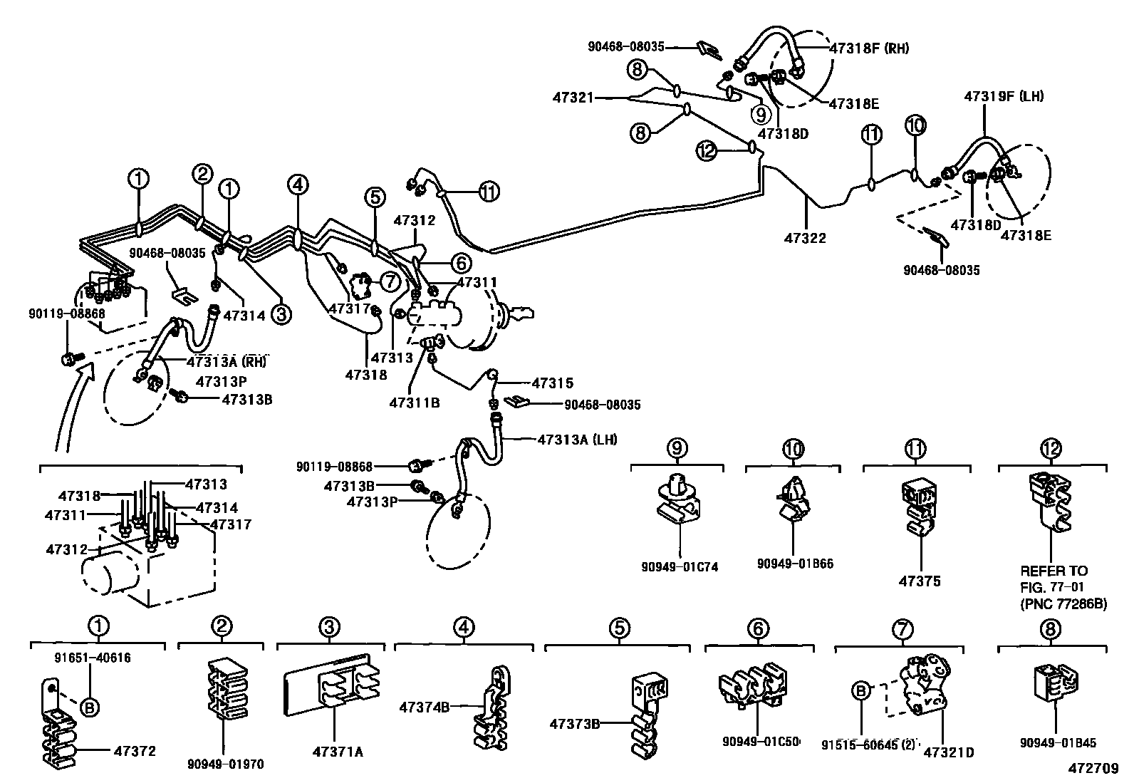 Toyota COROLLA 制动配管和卡箍 EPC diagram — 472709