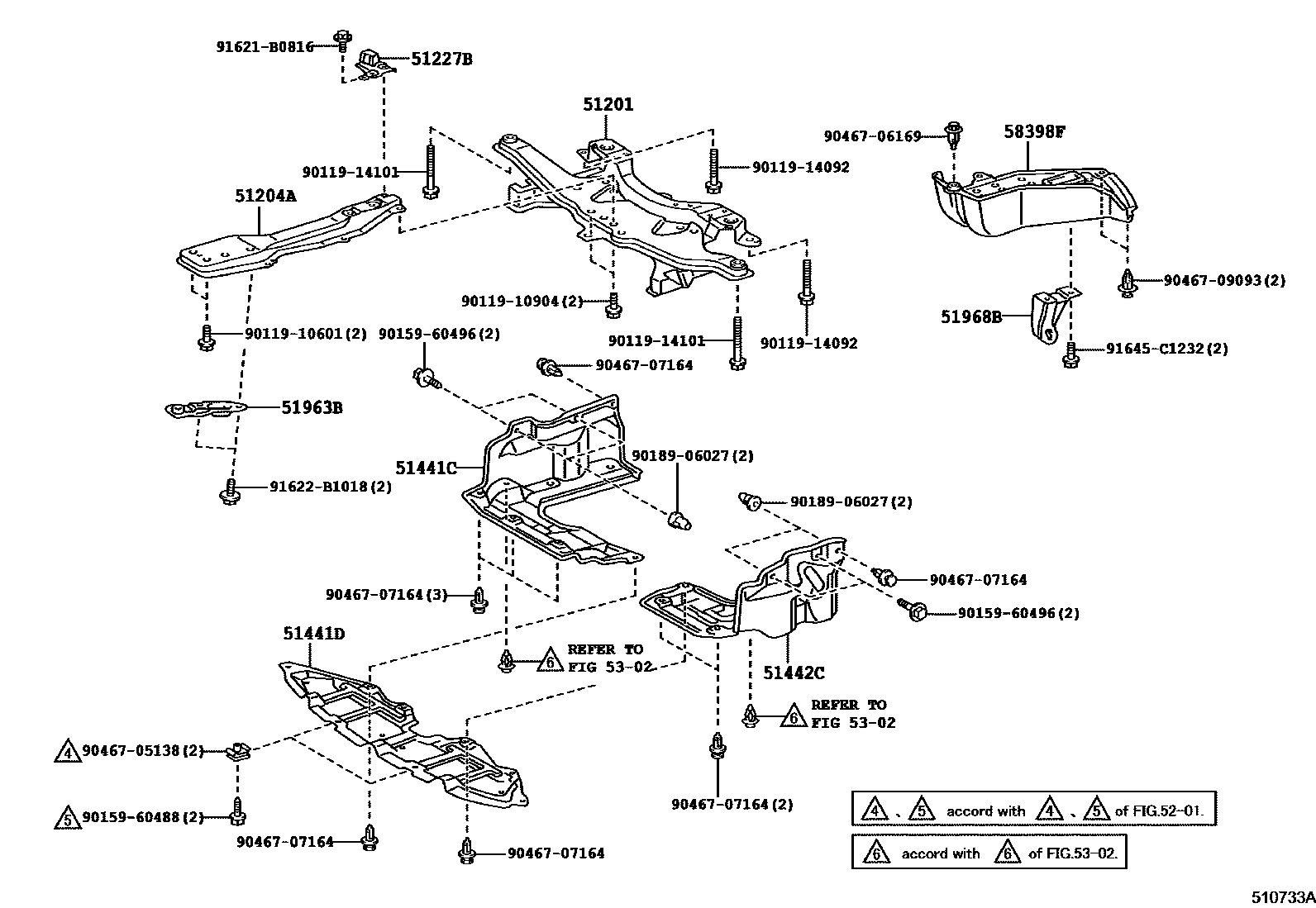 Toyota COROLLA 悬架横梁和发动机底罩 EPC diagram — 510733A
