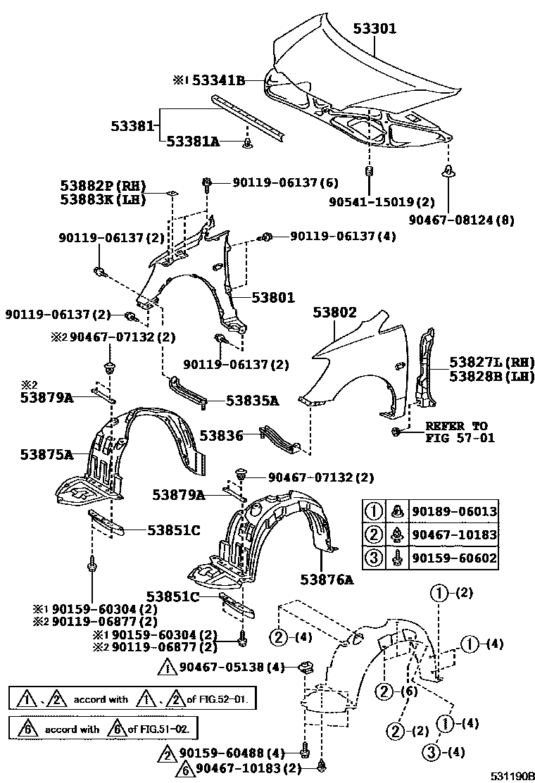 Toyota COROLLA 发动机盖和前翼子板 EPC diagram — 531190B