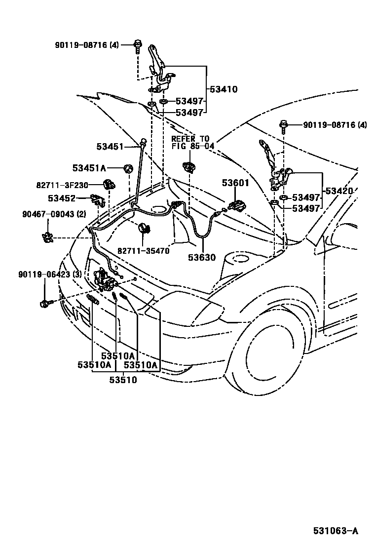 Toyota COROLLA 发动机盖锁和铰链 EPC diagram — 531063A