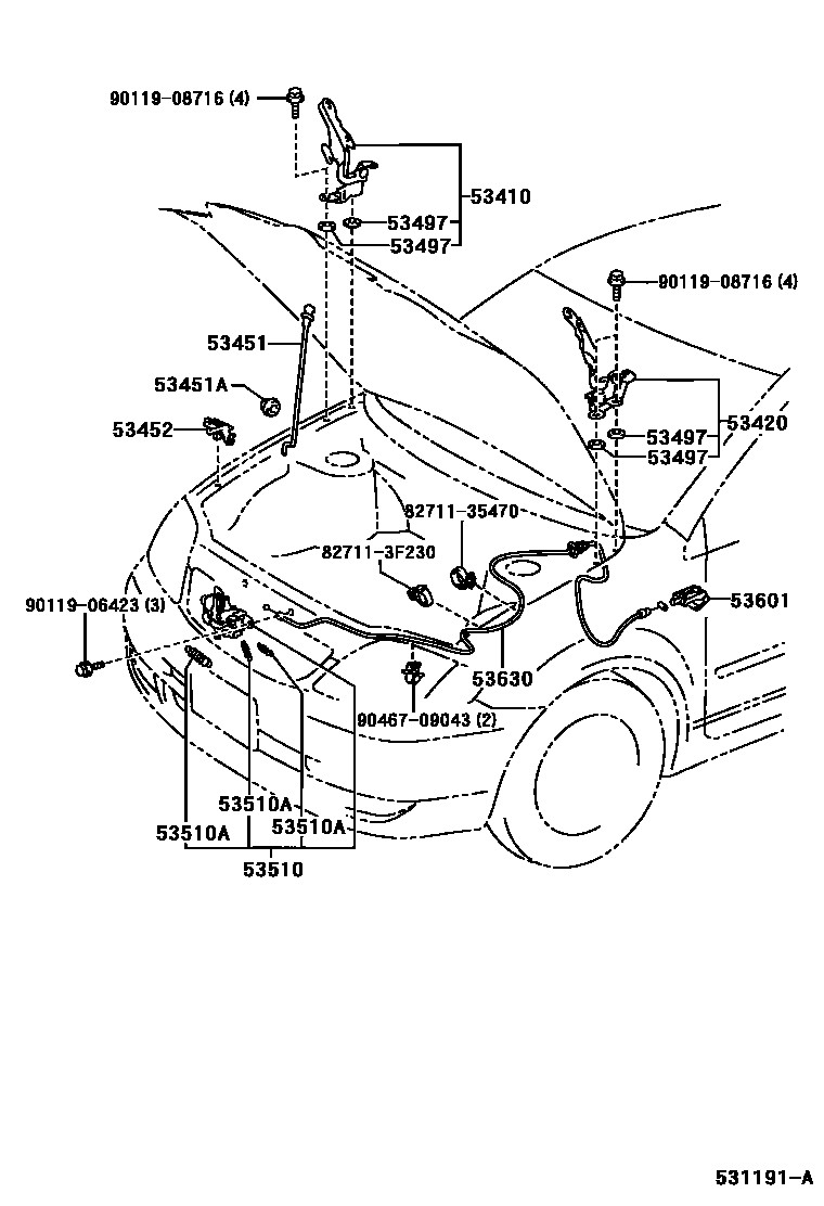 Toyota COROLLA 发动机盖锁和铰链 EPC diagram — 531191A