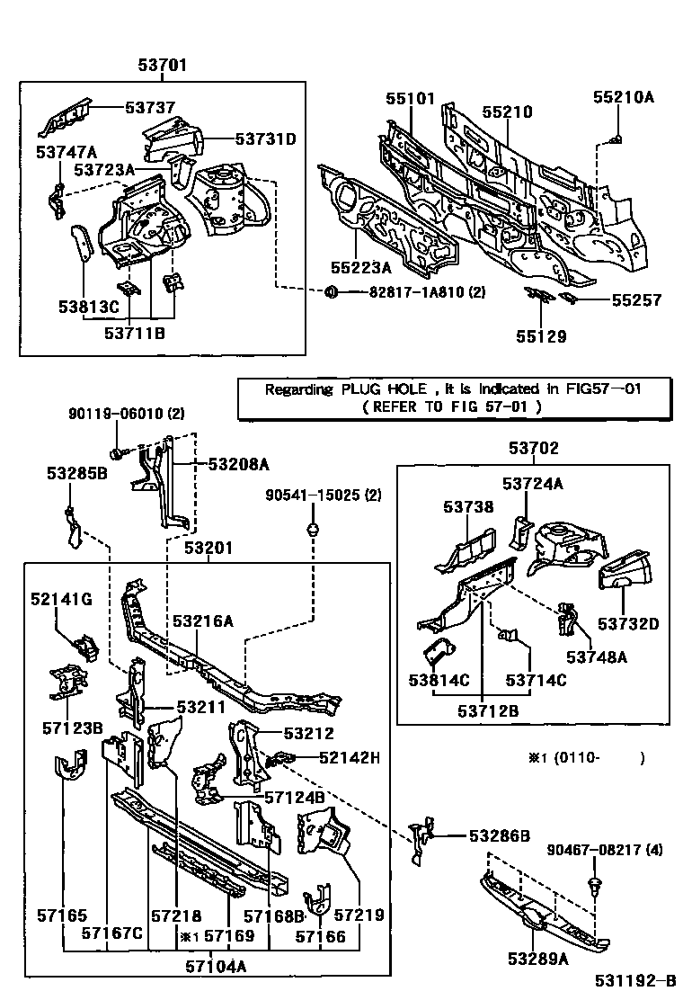 Toyota COROLLA 前翼子板挡泥板和前围板 EPC diagram — 531192B
