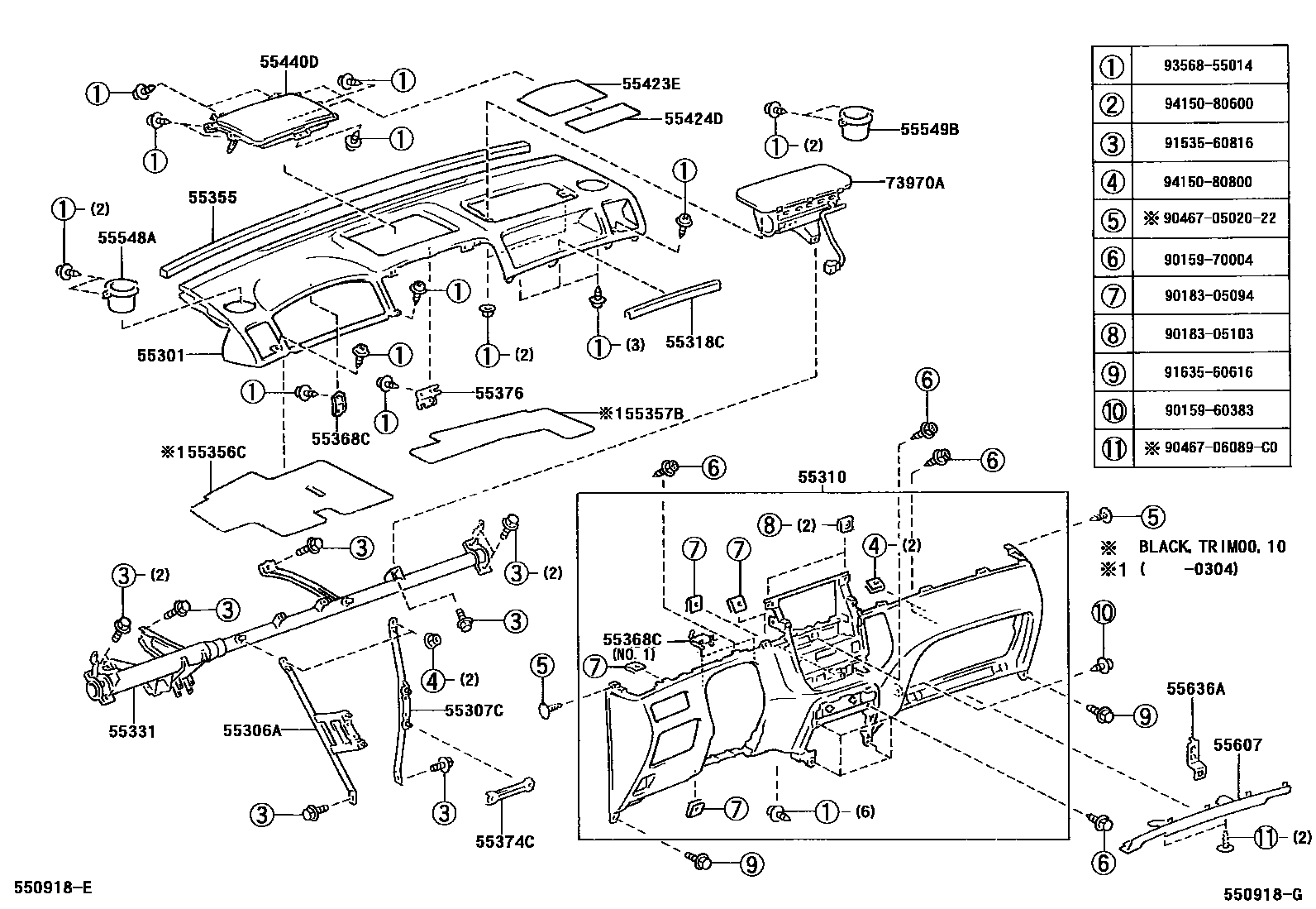 Toyota COROLLA 仪表板和手套箱 EPC diagram — 550918G