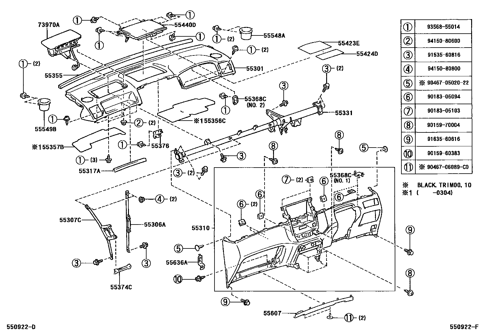 Toyota COROLLA 仪表板和手套箱 EPC diagram — 550922F