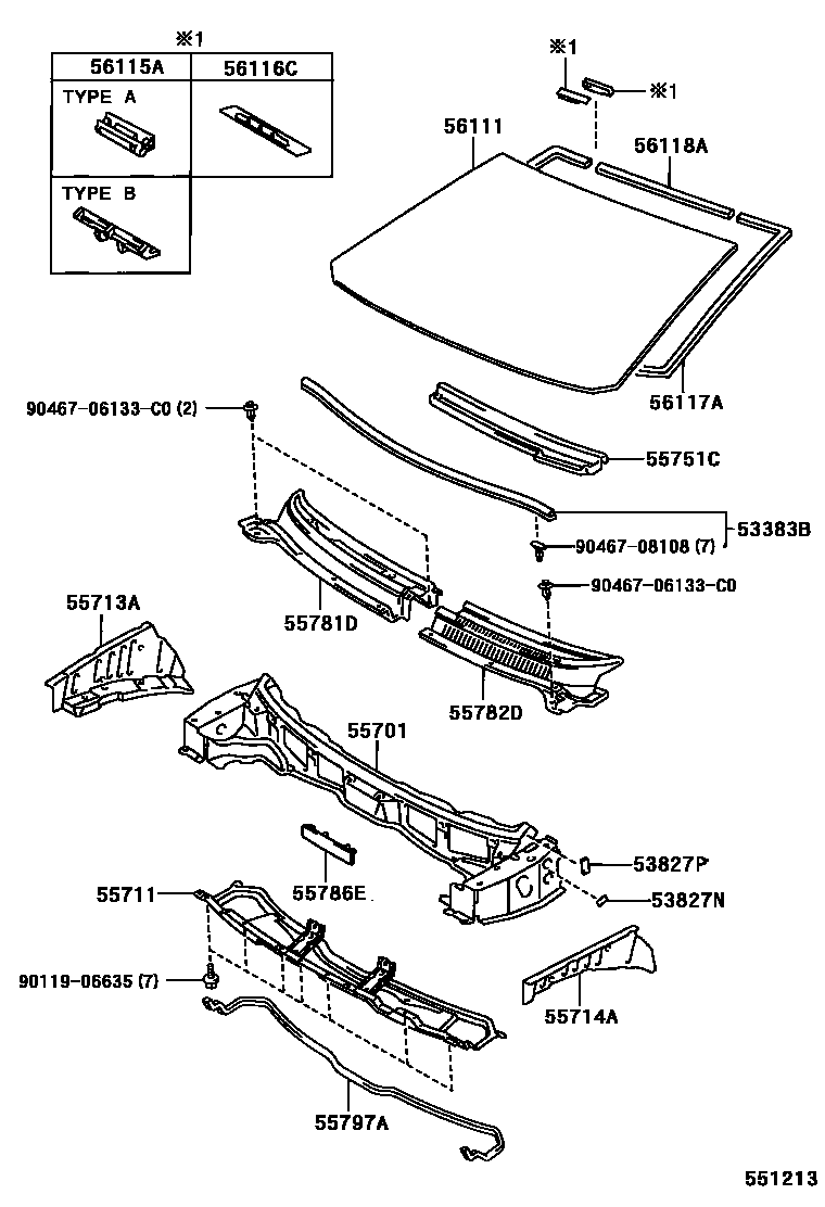 Toyota COROLLA 前围板和挡风玻璃 EPC diagram — 551213