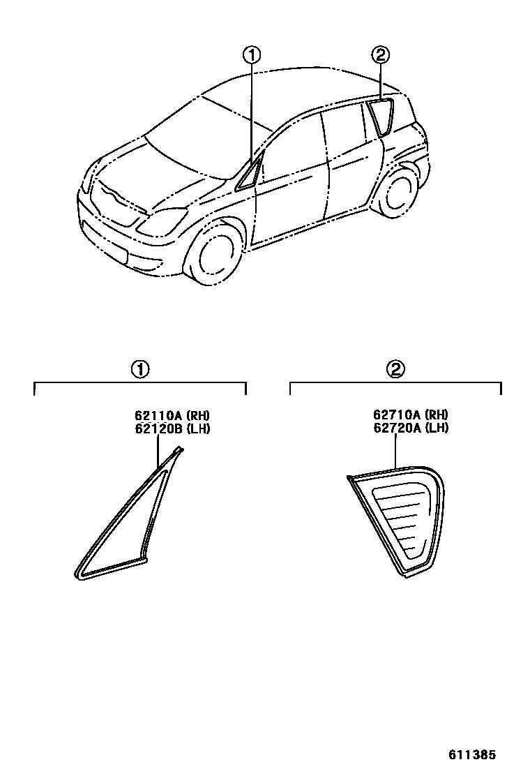 Toyota COROLLA 角窗 EPC diagram — 611385