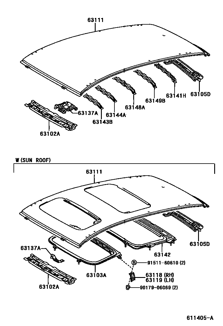 Toyota COROLLA 天窗板和背窗玻璃 EPC diagram — 611405A