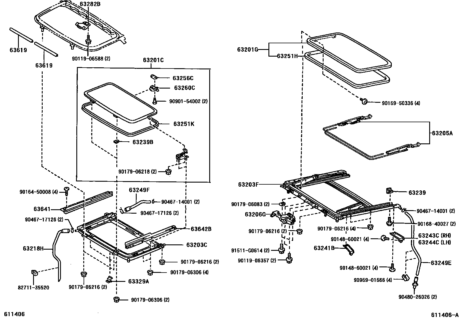 Toyota COROLLA 天窗板和背窗玻璃 EPC diagram — 611406A