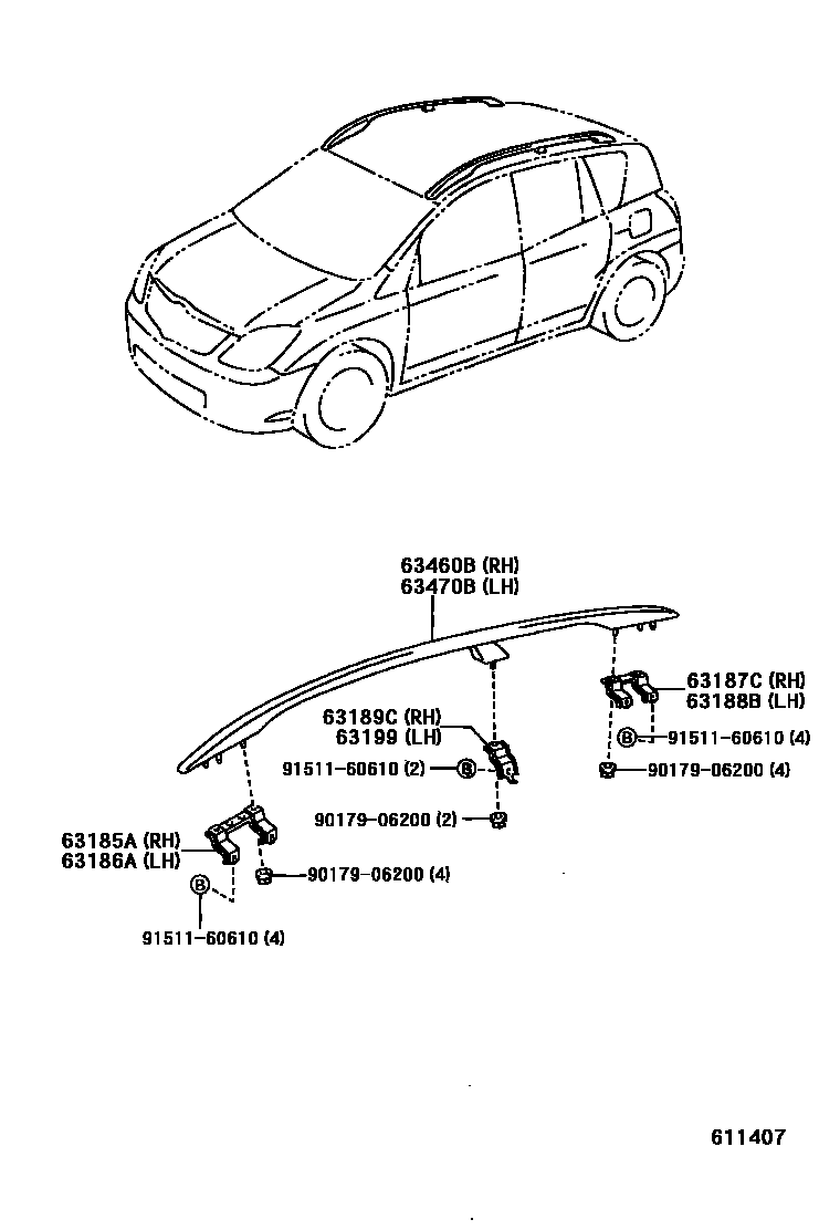 Toyota COROLLA 天窗板和背窗玻璃 EPC diagram — 611407
