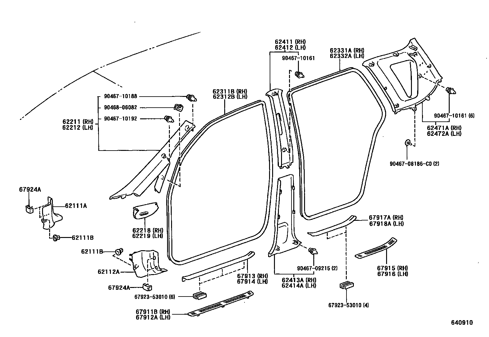 Toyota COROLLA 内饰板和车门防水胶条 EPC diagram — 640910