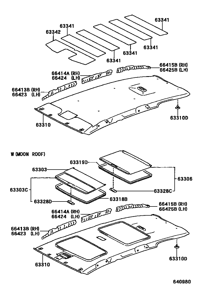 Toyota COROLLA 车顶内衬和消声垫 EPC diagram — 640980