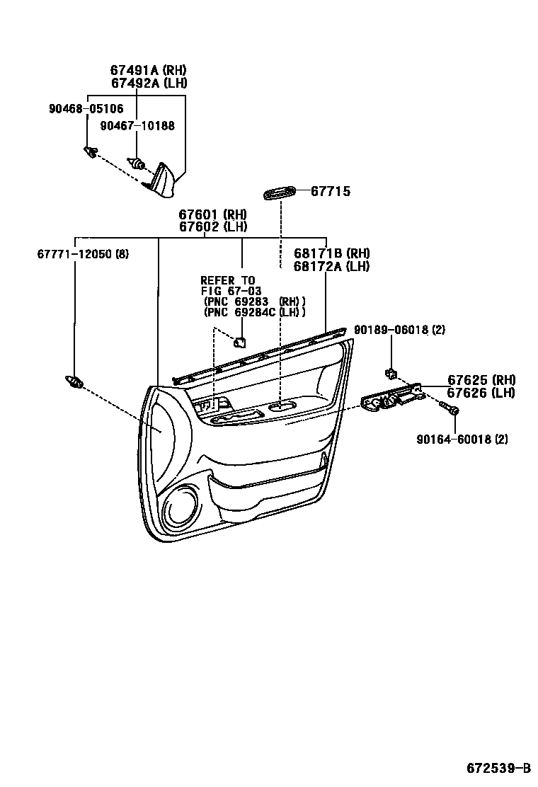 Toyota COROLLA 前门板和前门玻璃 EPC diagram — 672539B