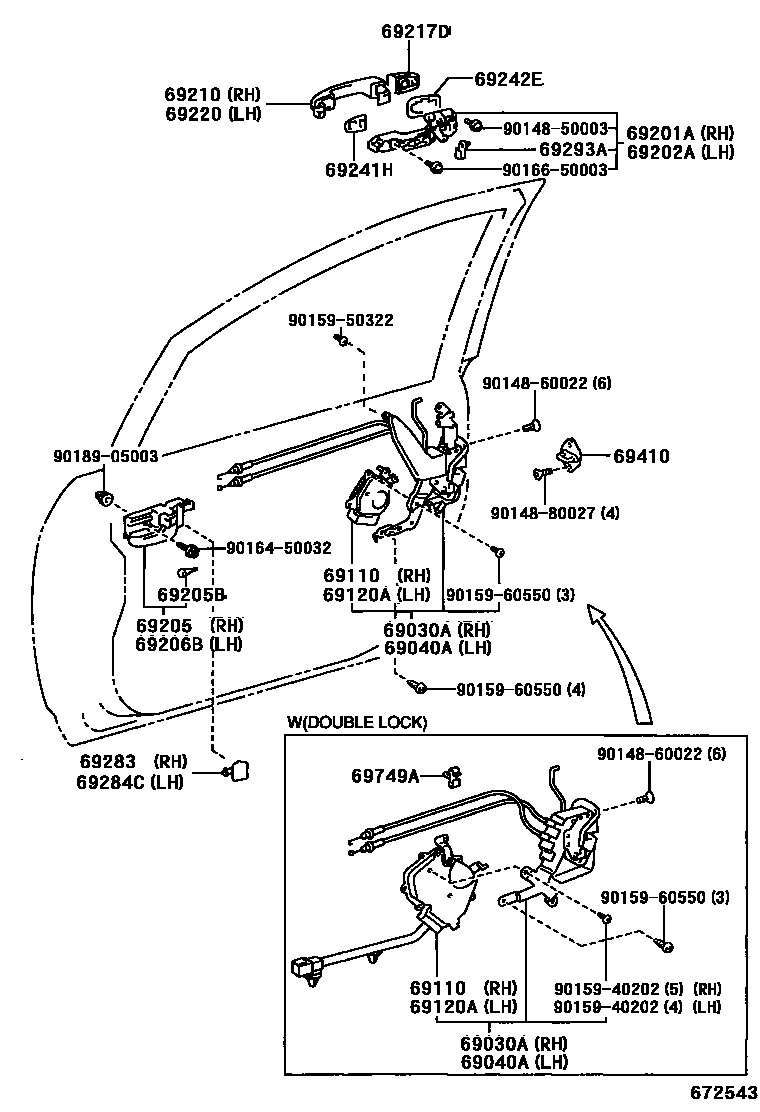 Toyota COROLLA 前门锁和车门把手 EPC diagram — 672543
