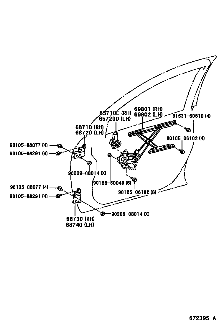 Toyota COROLLA 前门车窗升降器和合页 EPC diagram — 672395A