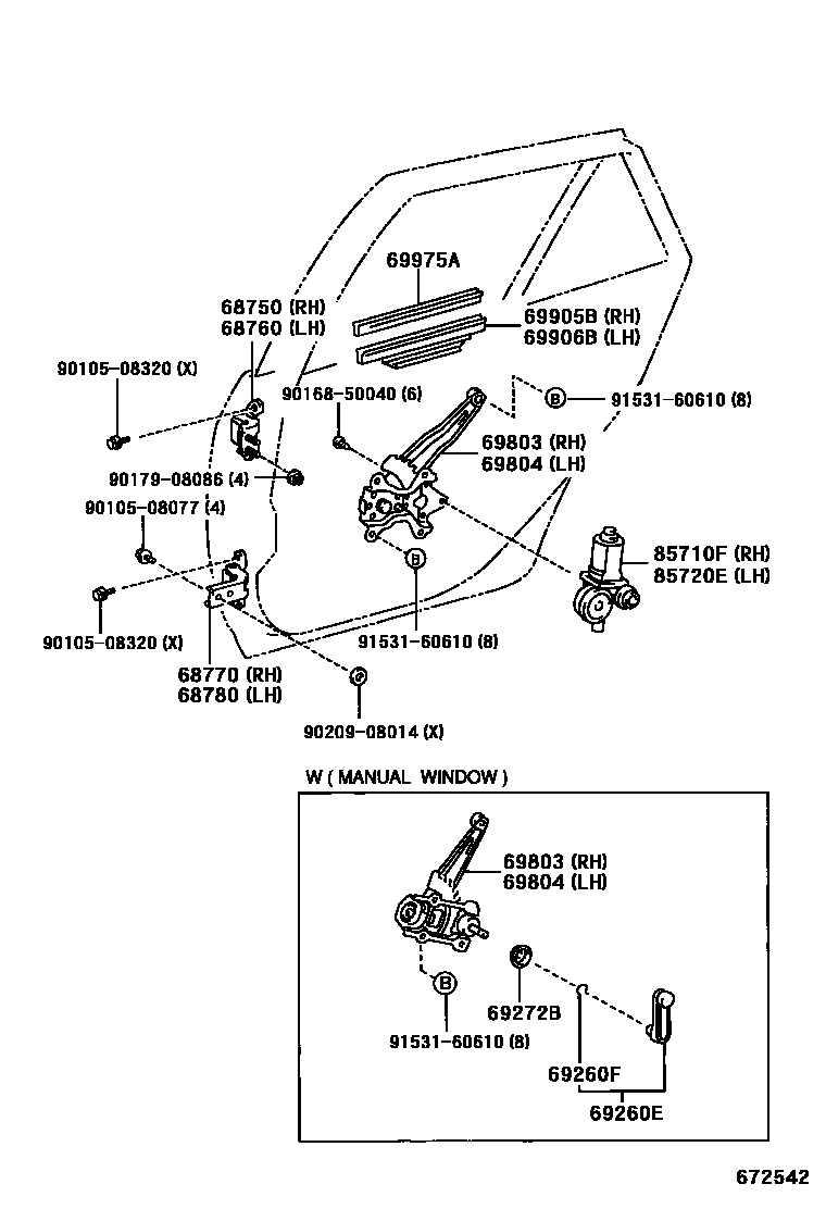 Toyota COROLLA 后门车窗升降器和合页 EPC diagram — 672542