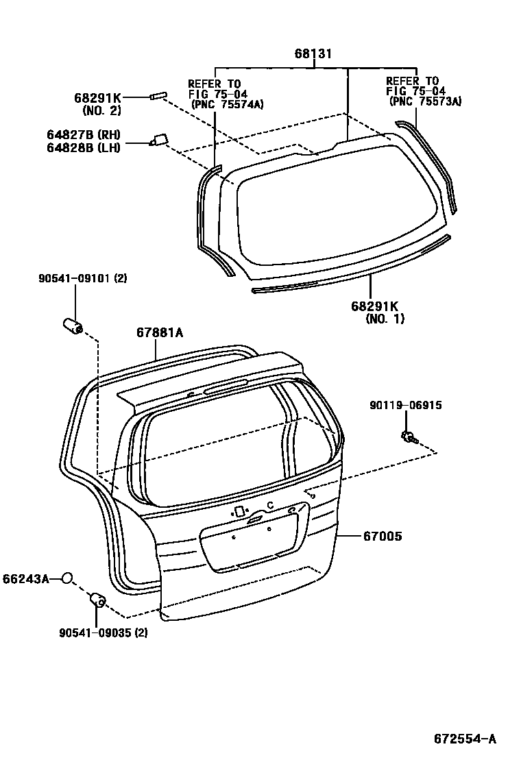 Toyota COROLLA 背门板和背门玻璃 EPC diagram — 672554A